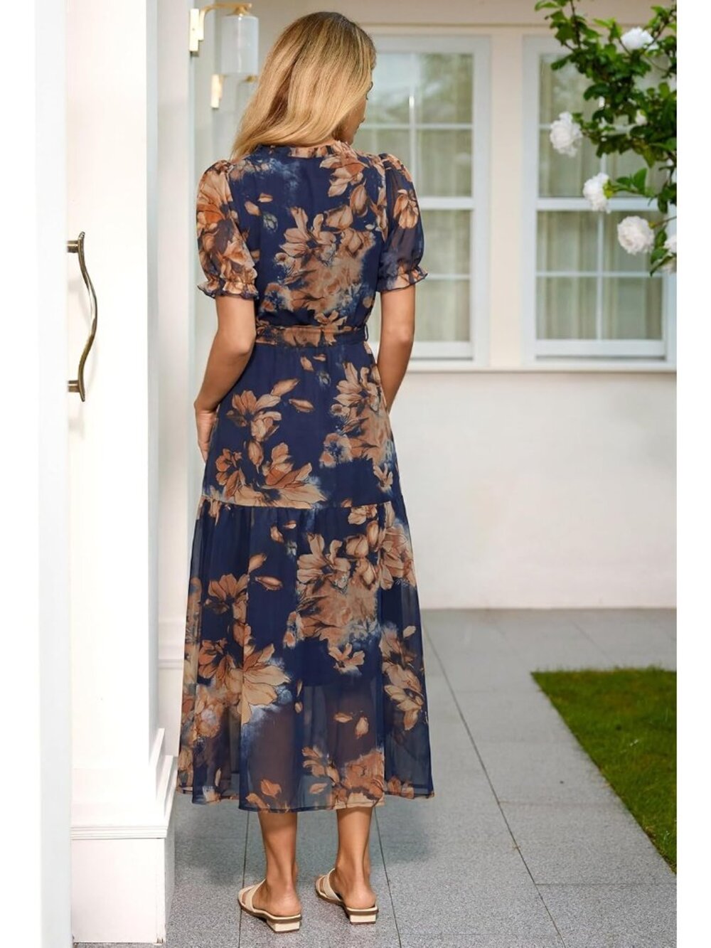 Women's Floral Navy Blue Puff Sleeve Ruffle Chiffon Imported Beach Maxi Dress - Picture 3 of 6
